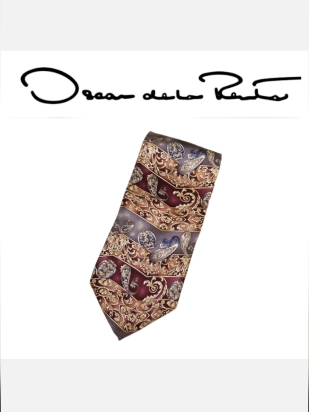 Oscar de la Renta Vintage Silk Tie Burgundy/Gray/Tan Paisley Print NWT Classic